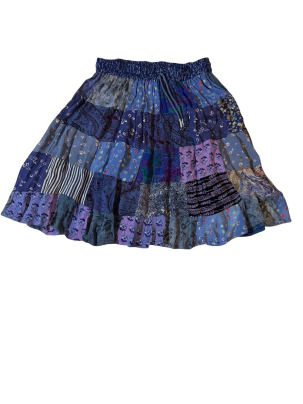 Good Times Blue Patchwork Boho Mini Skirt Free Size Rayon Festival Fairycore